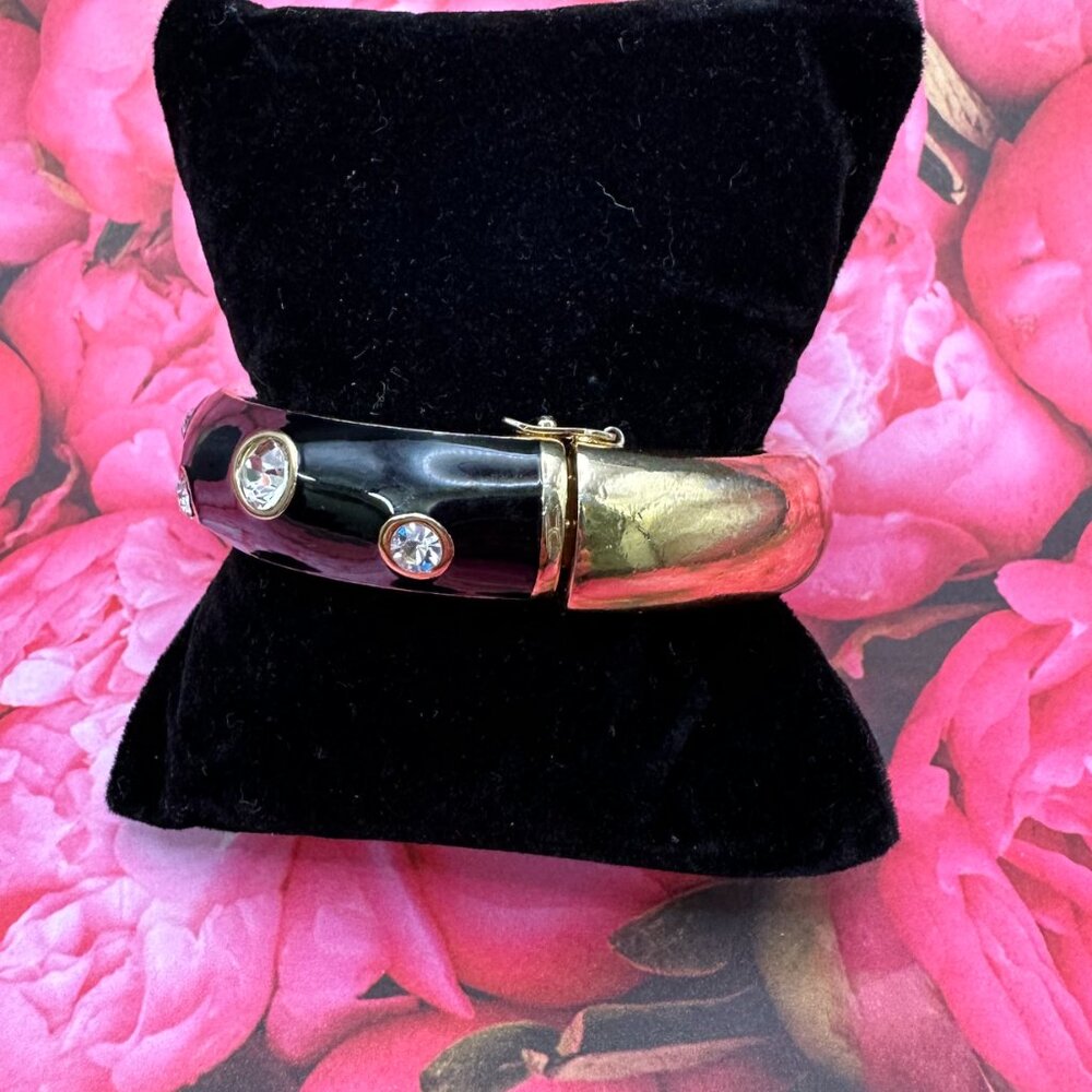 RARE VTG Christian Dior Black Enamel Rhinestone Hinged Bracelet - Picture 6 of 14